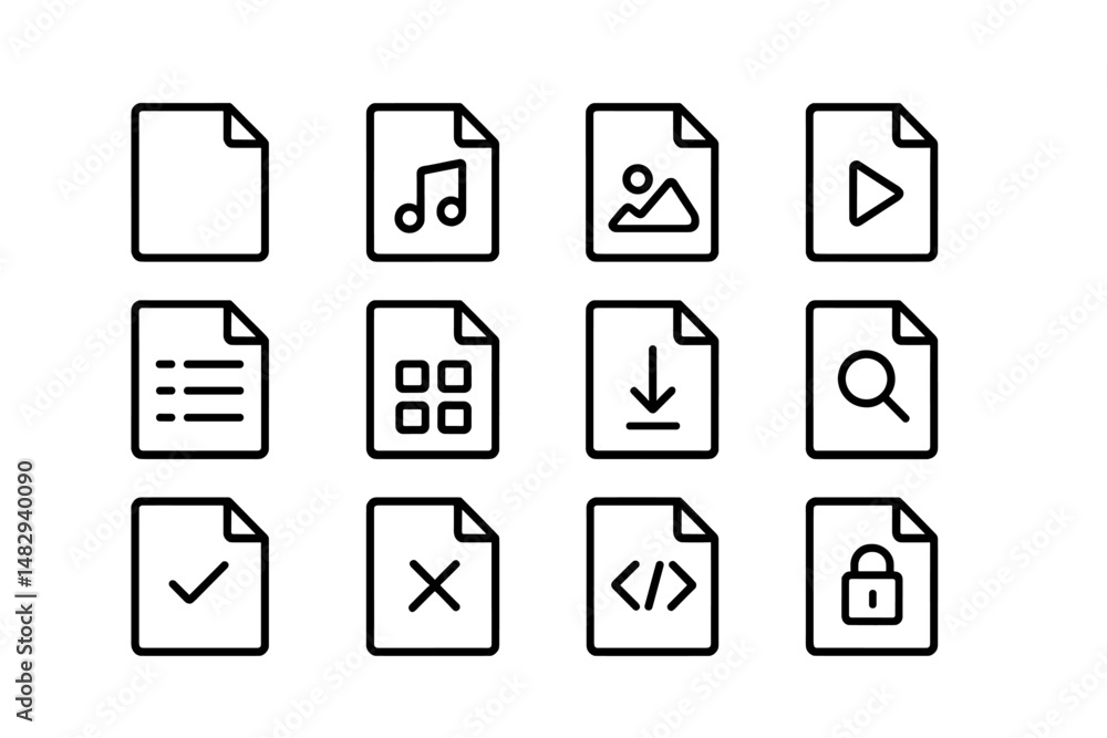 Poster icons representing various file types and actions for digital content management in a minimalistic d