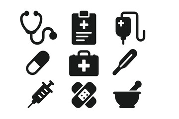 Collection of medical icons representing healthcare tools and equipment for patient care and treatment solutions