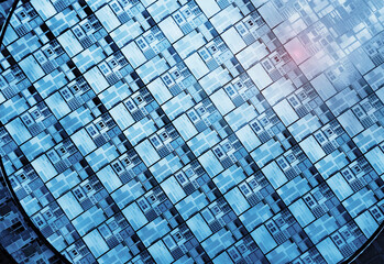 Silicon Wafers with microchips used in electronics for the fabrication of integrated circuits