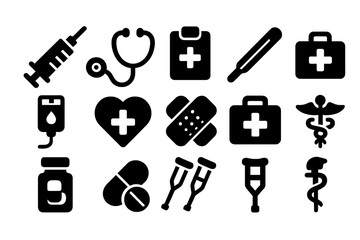 Health care symbols illustrating various medical tools and services available in hospitals and clinics for patient care and wellness