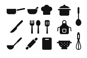 Kitchen utensils and tools arranged on a simple background for cooking and culinary activities