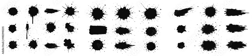 Poster black ink splashes and stains arranged in various shapes and sizes, suitable for graphic design and 
