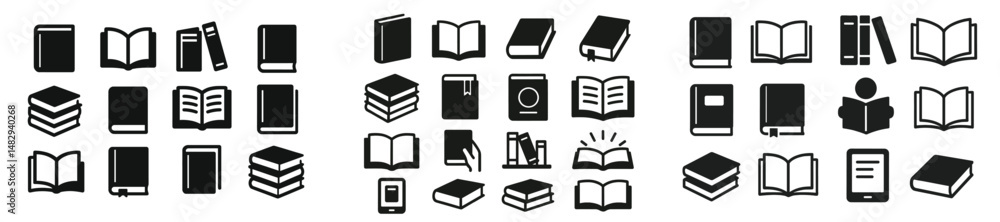 Poster collection of black and white book icons representing different types and activities related to read