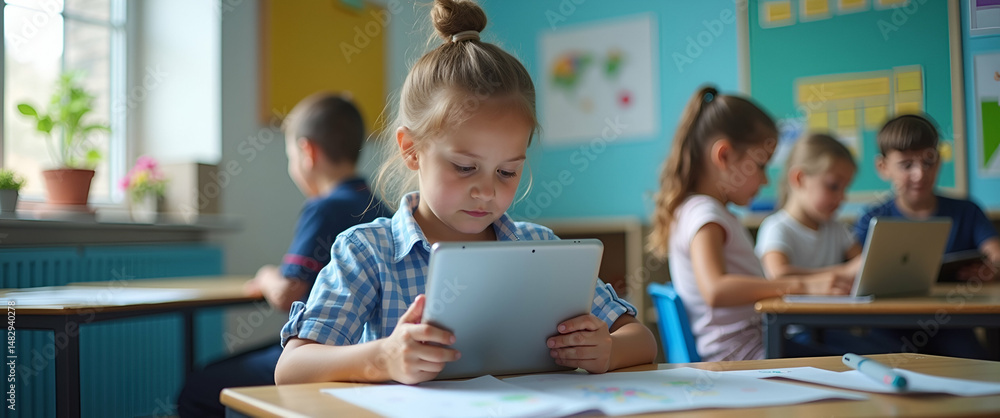 Aufkleber photo realistic kids using tablets in an interactive classroom: modern learning concept for back to 