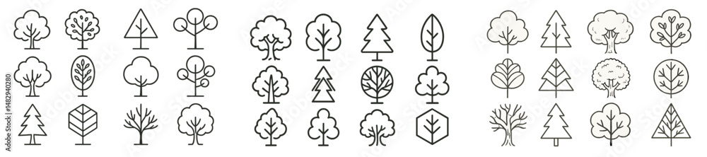 Poster various simple tree and leaf line drawings showcasing different shapes and sizes in a clean arrangem