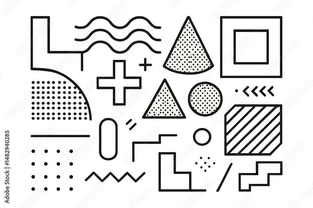 Poster geometric patterns in black and white with varied shapes, lines, and textures create a minimalist ar