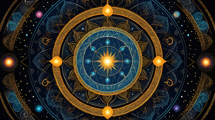 Creative cosmic designs blending religious symbols divine light creating a unified representation of spiritual harmony