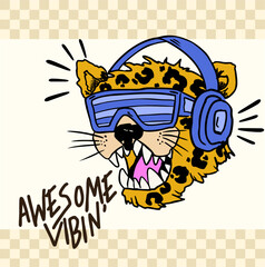 Funky Leopard with headphones, Hand drawn cheetah with stripy sun glasses and headphones, Awesome vibin, Whimsical wild cat print for kid´s T-shirt, posters and web design 
