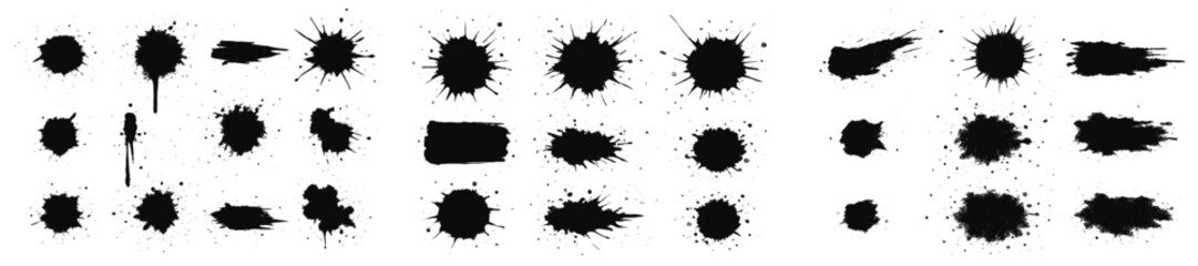 Black ink splashes and stains arranged in various shapes and sizes, suitable for graphic design and artistic projects