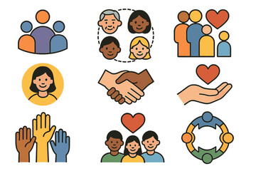 Diverse community symbols illustrating connection, support, and shared love among individuals in various group settings