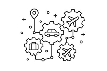Transportation network connecting cars, airplanes, and luggage in a modern illustration