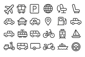 Transportation modes and symbols illustrated in a modern graphic style on a white background