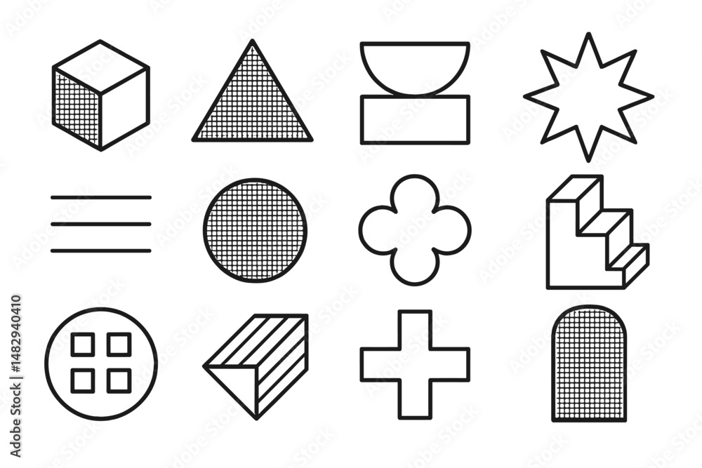 Poster geometric shapes displayed in various designs and patterns on a simple white background