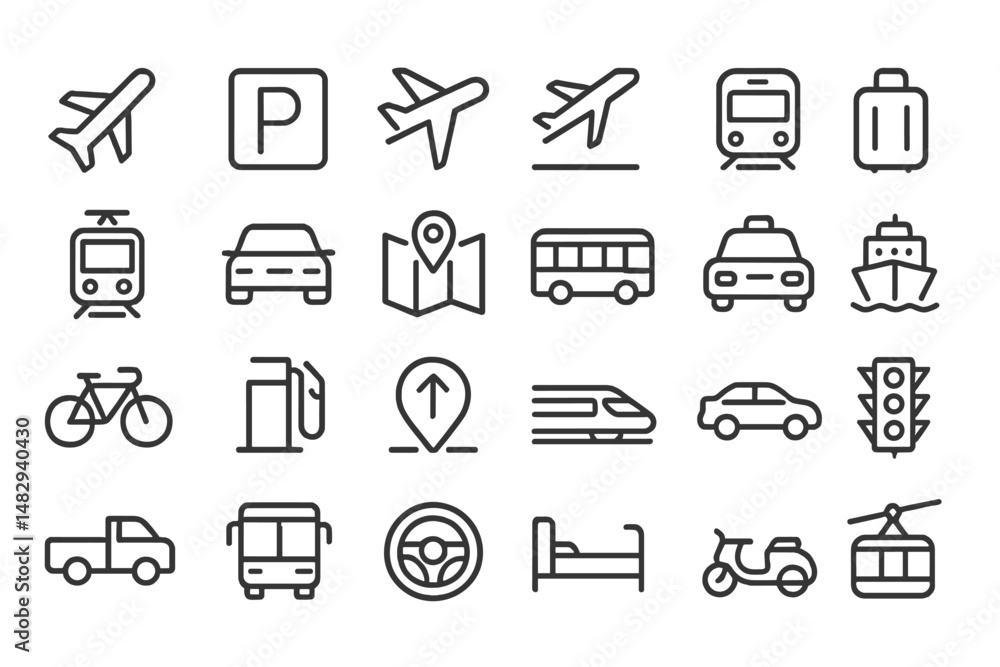 Poster transportation symbols and icons displayed in simple line art style representing various modes of tr