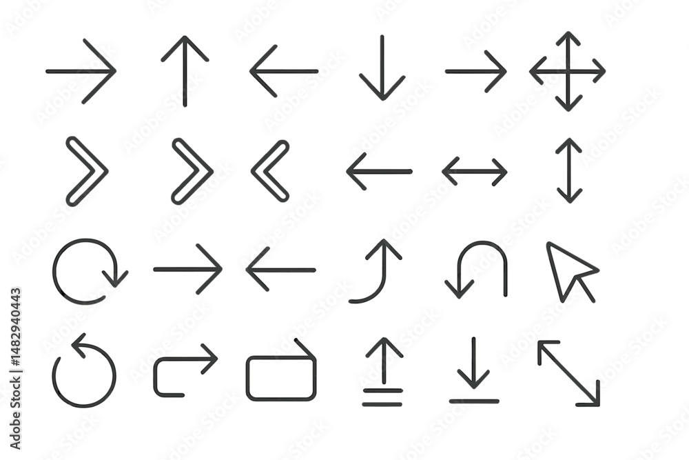 Poster collection of directional arrows illustrating various navigational symbols and actions for graphic d