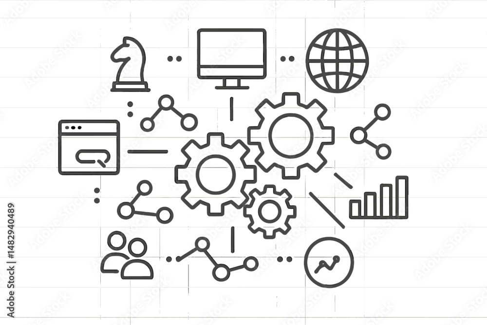 Poster illustration showing digital strategy concepts with gears, computer, and data graphics used in teamw