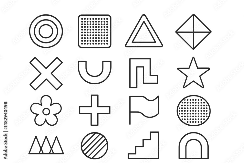 Poster shapes and geometric patterns in a minimalist design layout showcasing various forms and figures aga