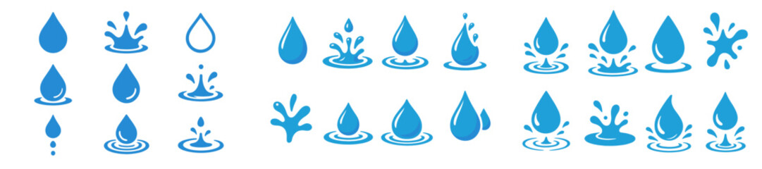 Collection of blue water droplet icons illustrating various splash effects and designs for creative use