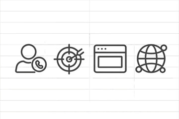 Icons representing communication, target, web browser, and global connectivity in a modern design