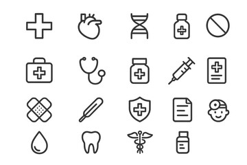Healthcare symbols and icons representing medical practices and services arranged in a grid