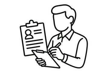 Individual completing a form in an office setting while reviewing personal information on a clipboard