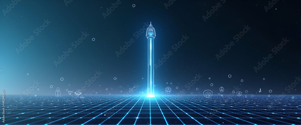 Poster minimalist wallpaper design featuring abstract digital grid patterns and futuristic icons representi