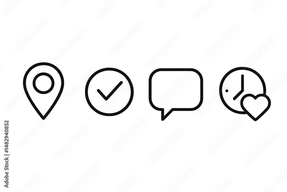 Poster four simple icons representing location, confirmation, communication, and time management in a digit