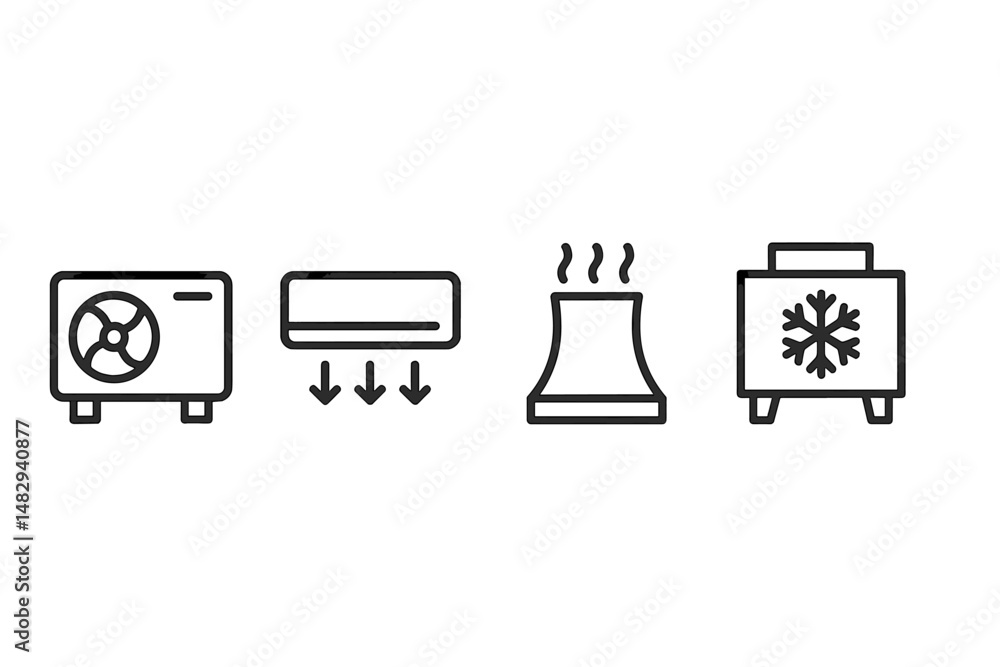 Poster various types of air conditioning systems displayed in a clean, minimalist style with simple line de