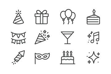 Celebration elements including party hats, balloons, and cake for festive occasions like birthdays and anniversaries