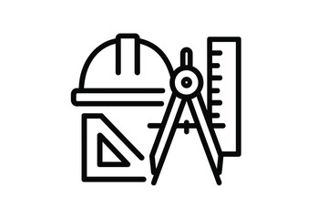 Construction tools including a hard hat, compass, ruler, and square on display during a project