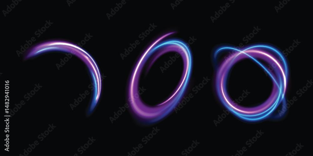 Poster set of abstract light lines of movement and speed. light blue and purple ellipse. brilliant galaxy. 