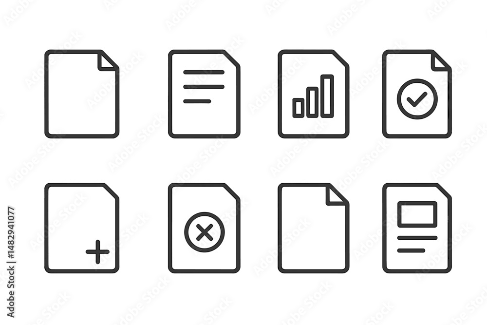 Poster various simple document icons representing different types of files and actions displayed in black o