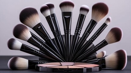 Elegant Arrangement of Makeup Brushes and Eyeshadow Palette Display