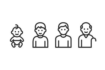 Four stages of life represented by simple illustrations of a baby, a child, an adult, and an elderly person in a minimalist style