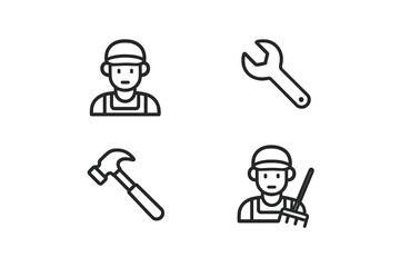 Construction tools and workers depicted in simple line art design for educational purposes