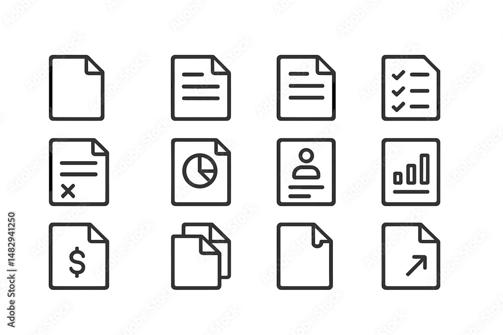 Poster icons representing various document types and associated tasks in a minimalist design showcased on a