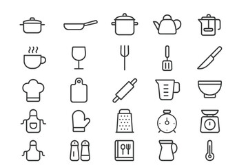 Kitchen utensils and tools arranged in a grid layout with essential cooking items for meal preparation and culinary activities
