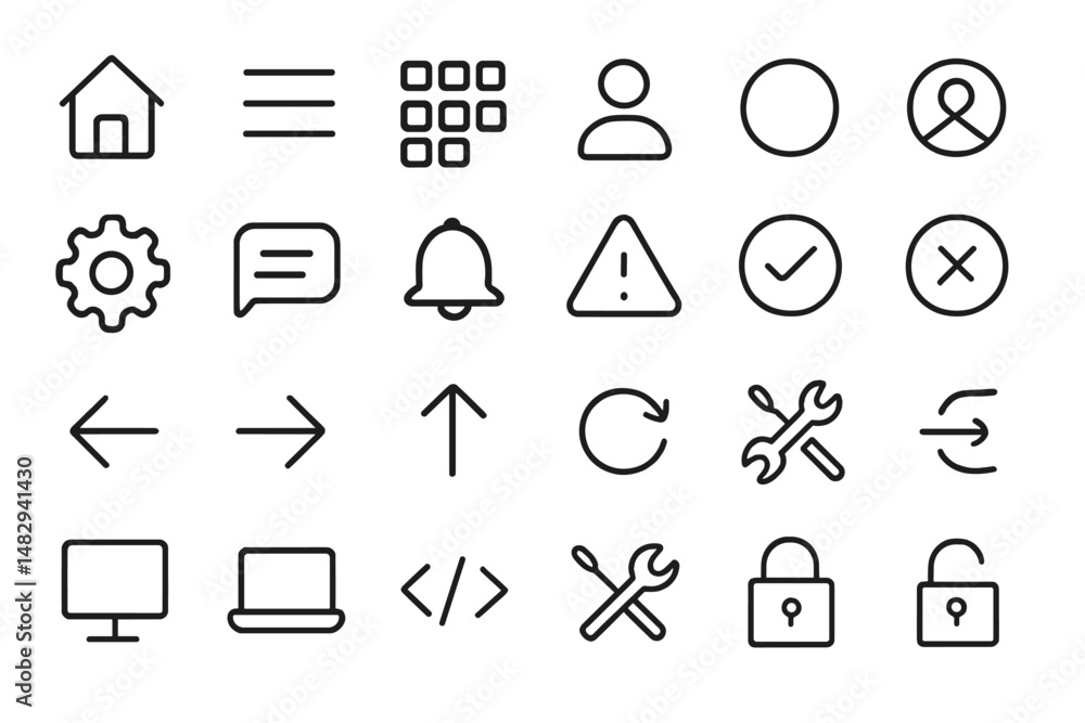 Poster collection of minimalist line icons depicting various user interface elements typically used in digi