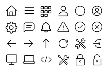Collection of minimalist line icons depicting various user interface elements typically used in digital applications or websites