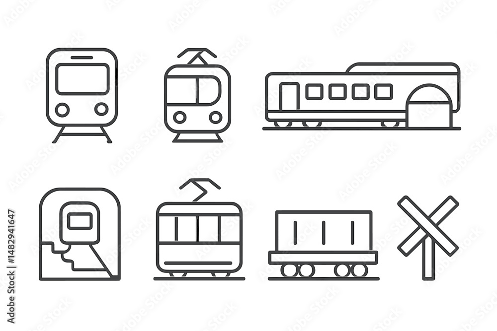 Poster various types of trains and transport icons showcasing public transit systems in a minimalist style