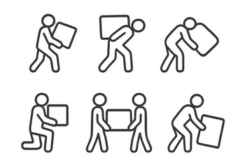 Various stick figure actions depicting carrying and lifting boxes in multiple postures and collaborations