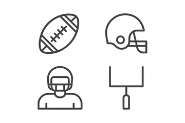 Illustrations of football elements featuring a ball, helmet, player, and goalpost for sporting activities and events