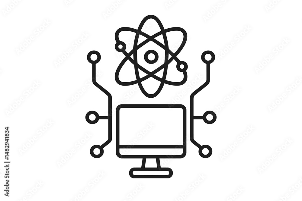 Poster concept of technology and science fusion with computer and atomic structure design representing inno