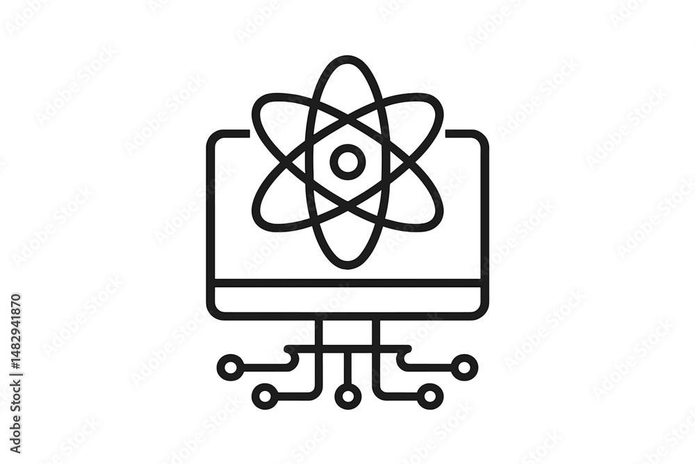 Poster modern design of a computer screen with circuits and atomic symbol representing science and technolo