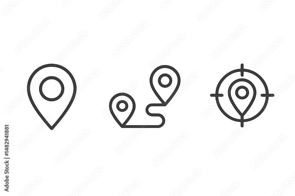 Aufkleber geographic symbols depicting location markers, route indicators, and targeting icons used for naviga