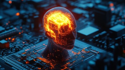 Metaphorically embodying the strain of modern technology, a figure with a glowing CPU head represents the escalating stress and burnout in contemporary work environments