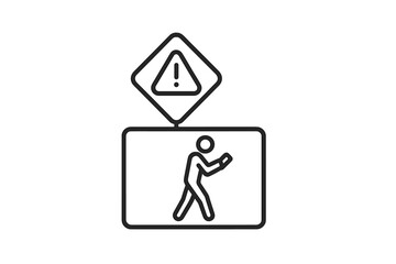Caution sign indicating pedestrian distraction due to mobile phone use in urban area