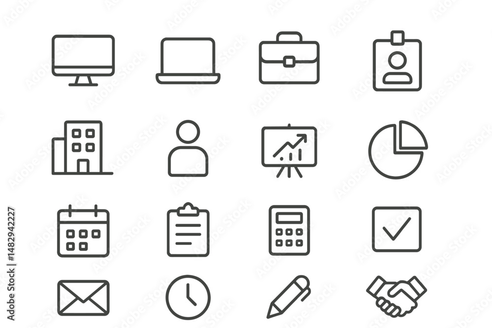 Poster collection of minimalist icons representing business and technology tools in a modern design layout