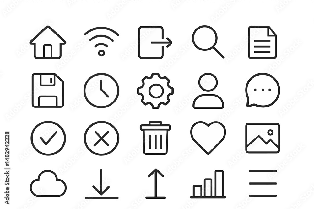 Poster various icons representing digital functions and tools displayed in a minimalistic design suitable f