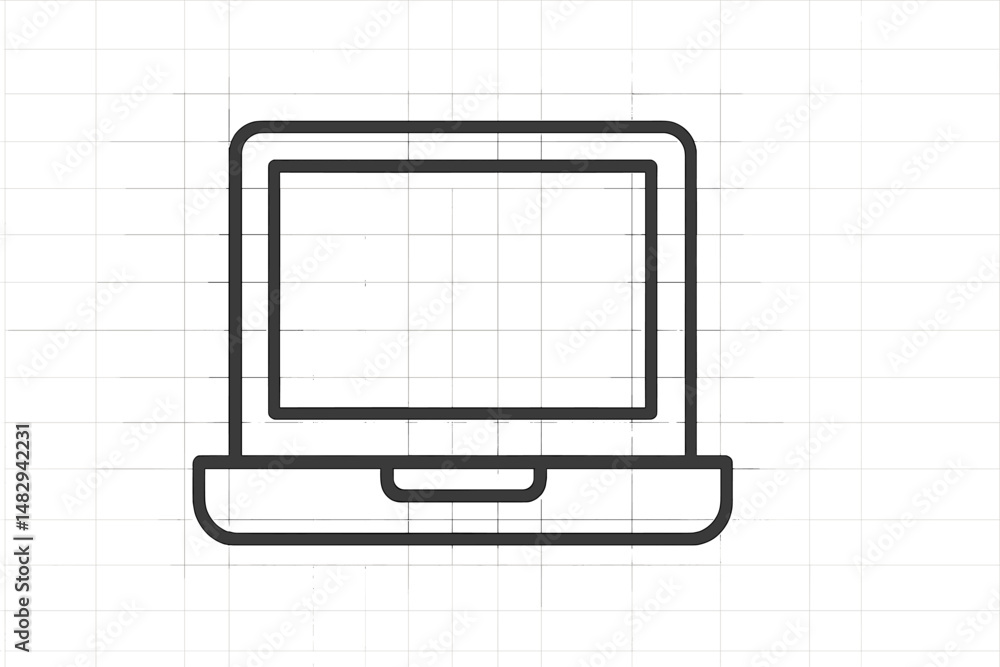 Poster minimalistic laptop outline design on a grid background with clean lines showing modern technology c
